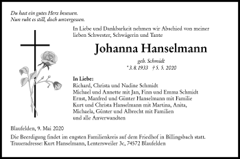 Traueranzeige von Johanna Hanselmann von Hohenloher Tagblatt