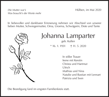 Traueranzeige von Johanna Lamparter von Metzinger-Uracher Volksblatt