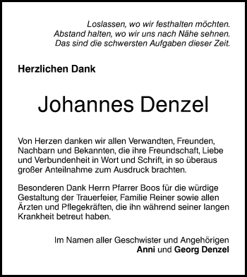 Traueranzeige von Johannes Denzel von SÜDWEST PRESSE Ausgabe Ulm/Neu-Ulm