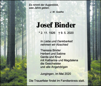 Traueranzeige von Josef Binder von Hohenzollerische Zeitung