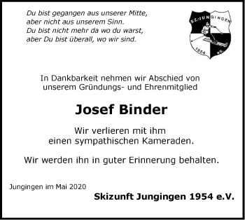 Traueranzeige von Josef Binder von Hohenzollerische Zeitung