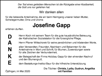 Traueranzeige von Josefine Gapp von Ehinger Tagblatt