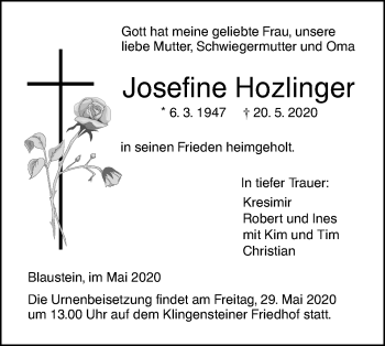 Traueranzeige von Josefine Hozlinger von SÜDWEST PRESSE Ausgabe Ulm/Neu-Ulm