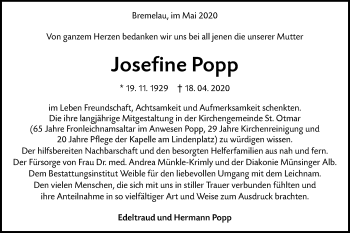 Traueranzeige von Josefine Popp von Alb-Bote/Metzinger-Uracher Volksblatt