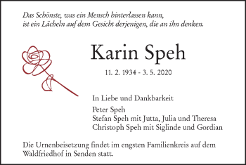 Traueranzeige von Karin Speh von SÜDWEST PRESSE Ausgabe Ulm/Neu-Ulm