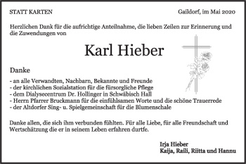 Traueranzeige von Karl Hieber von Rundschau Gaildorf