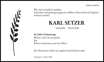 Traueranzeige von Karl Setzer von Haller Tagblatt