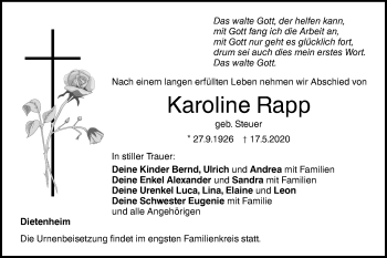 Traueranzeige von Karoline Rapp von Illertal Bote