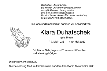 Traueranzeige von Klara Duhatschek von Illertal Bote