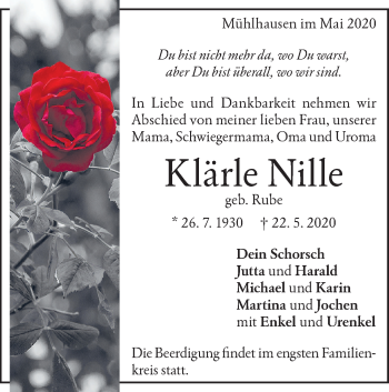 Traueranzeige von Klärle Nille von Geislinger Zeitung