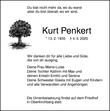 Traueranzeige von Kurt Penkert von SÜDWEST PRESSE Ausgabe Ulm/Neu-Ulm