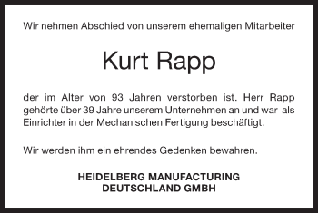 Traueranzeige von Kurt Rapp von Geislinger Zeitung