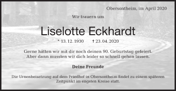 Traueranzeige von Liselotte Eckhardt von Haller Tagblatt