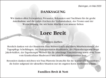 Traueranzeige von Lore Breit von SÜDWEST PRESSE