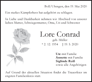 Traueranzeige von Lore Conrad von NWZ Neue Württembergische Zeitung