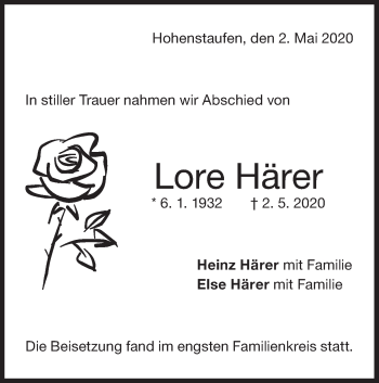 Traueranzeige von Lore Härer von NWZ Neue Württembergische Zeitung