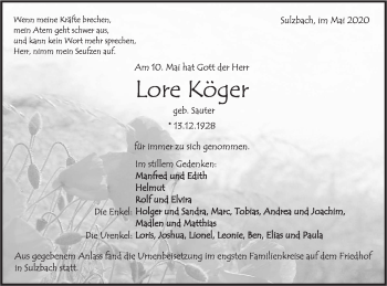 Traueranzeige von Lore Köger von Rundschau Gaildorf