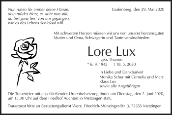 Traueranzeige von Lore Lux von Metzinger-Uracher Volksblatt