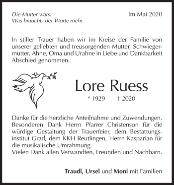 Traueranzeige von Lore Ruess von Metzinger-Uracher Volksblatt