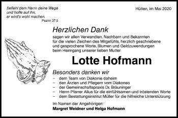 Traueranzeige von Lotte Hofmann von Haller Tagblatt