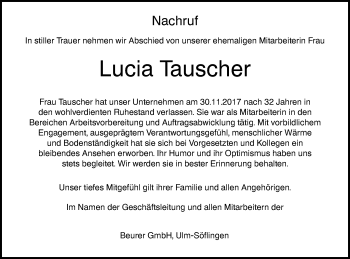 Traueranzeige von Lucia Tauscher von SÜDWEST PRESSE Ausgabe Ulm/Neu-Ulm