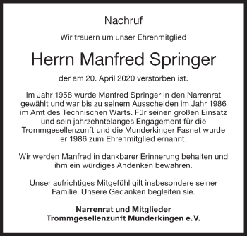 Traueranzeige von Manfred Springer von Ehinger Tagblatt