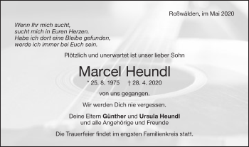 Traueranzeige von Marcel Heundl von NWZ Neue Württembergische Zeitung