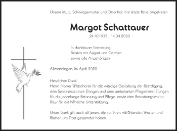 Traueranzeige von Margot Schattauer von Ehinger Tagblatt