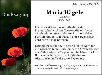 Traueranzeige von Maria Hägele von Haller Tagblatt