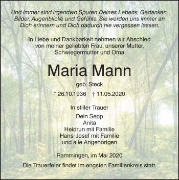 Traueranzeige von Maria Mann von SÜDWEST PRESSE Ausgabe Ulm/Neu-Ulm