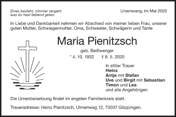 Traueranzeige von Maria Pienitzsch von NWZ Neue Württembergische Zeitung