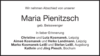 Traueranzeige von Maria Pienitzsch von NWZ Neue Württembergische Zeitung