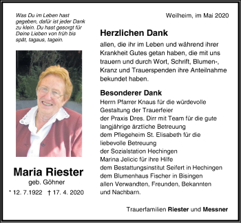 Traueranzeige von Maria Riester von Hohenzollerische Zeitung