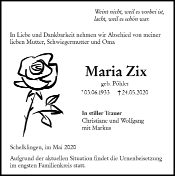 Traueranzeige von Maria Zix von SÜDWEST PRESSE Ausgabe Ulm/Neu-Ulm