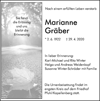 Traueranzeige von Marianne Gräber von SÜDWEST PRESSE Ausgabe Ulm/Neu-Ulm