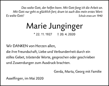 Traueranzeige von Marie Junginger von SÜDWEST PRESSE Ausgabe Ulm/Neu-Ulm