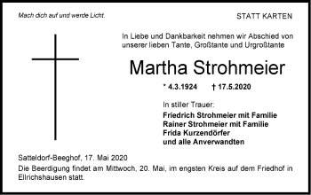 Traueranzeige von Martha Strohmeier von Hohenloher Tagblatt