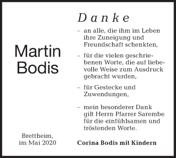 Traueranzeige von Martin Bodis von Hohenloher Tagblatt