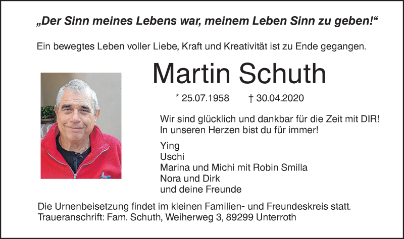  Traueranzeige für Martin Schuth vom 09.05.2020 aus SÜDWEST PRESSE Ausgabe Ulm/Neu-Ulm