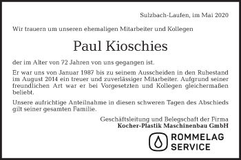 Traueranzeige von Paul Kioschies von Rundschau Gaildorf