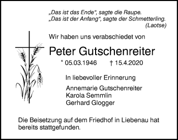 Traueranzeige von Peter Gutschenreiter von Illertal Bote