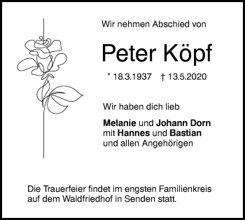 Traueranzeige von Peter Köpf von SÜDWEST PRESSE Ausgabe Ulm/Neu-Ulm