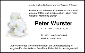 Traueranzeige von Peter Wurster von Hohenzollerische Zeitung