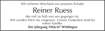 Traueranzeige von Reiner Ruess von Metzinger-Uracher Volksblatt