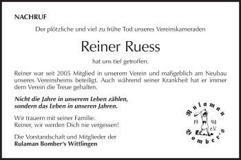 Traueranzeige von Reiner Ruess von Metzinger-Uracher Volksblatt