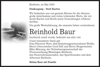 Traueranzeige von Reinhold Baur von Alb-Bote/Metzinger-Uracher Volksblatt