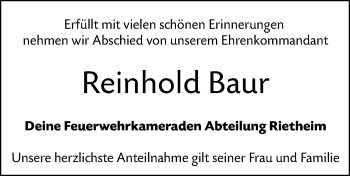 Traueranzeige von Reinhold Baur von Alb-Bote/Metzinger-Uracher Volksblatt