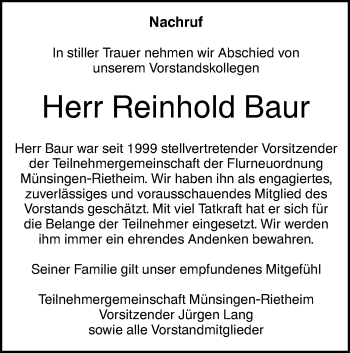 Traueranzeige von Reinhold Baur von Alb-Bote/Metzinger-Uracher Volksblatt