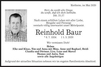 Traueranzeige von Reinhold Baur von Alb-Bote/Metzinger-Uracher Volksblatt