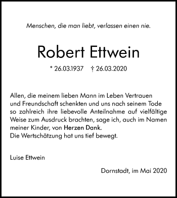 Traueranzeige von Robert Ettwein von SÜDWEST PRESSE Ausgabe Ulm/Neu-Ulm